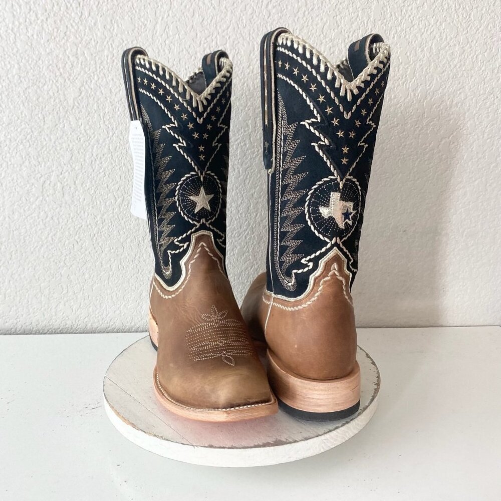Lane RODEO HOUSTON Mens Cowboy Boots 12.5B Brown Navy Leather Western Blunt Toe